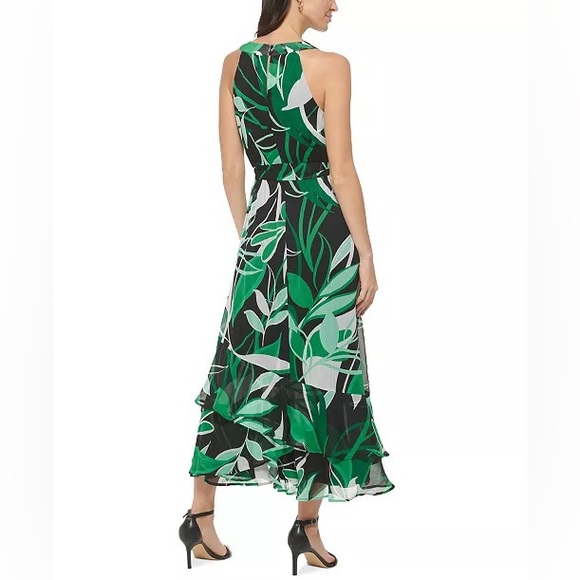 👗❤️👗 CALVIN KLEIN Printed Halter Chiffon Green/Black/White Maxi Dress size 10 - Picture 3 of 5